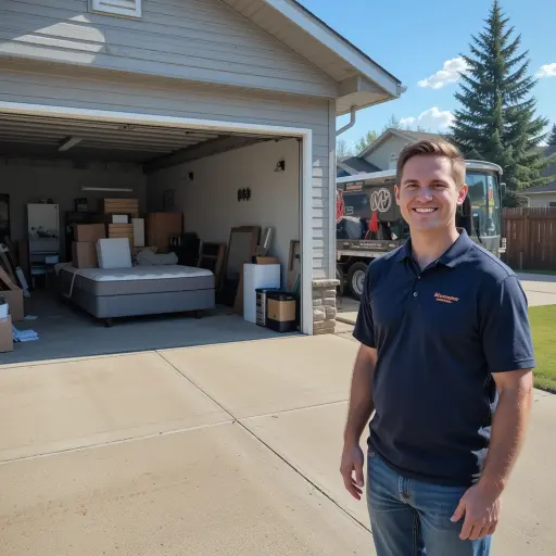 Customer smiling with cleared garage in Nisku after junk removal